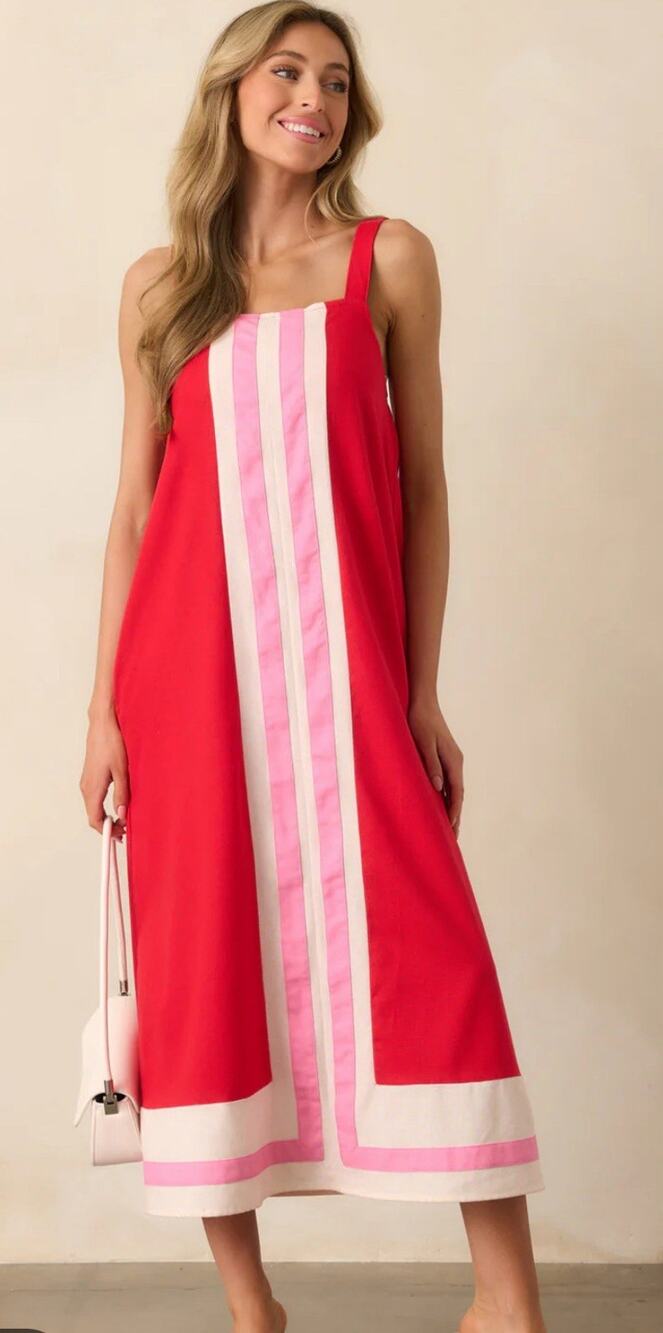 entro Red Midi Dress with Pink and White Panel Stripes
